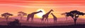 Family of giraffes in the African savanna at sunset. Silhouettes of animals and plants. Realistic vector landscape. The nature of Royalty Free Stock Photo
